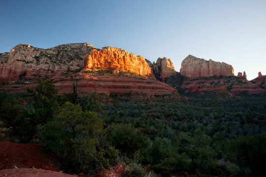 Warm sunset light glowing on red rock cliffs above desert forest