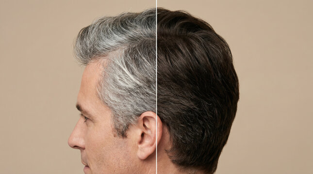 Man's hair showing gray before and dark brown after hair coloring.