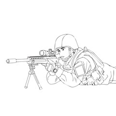 Naklejka premium Illustration of a prone sniper soldier aiming through a scoped rifle.