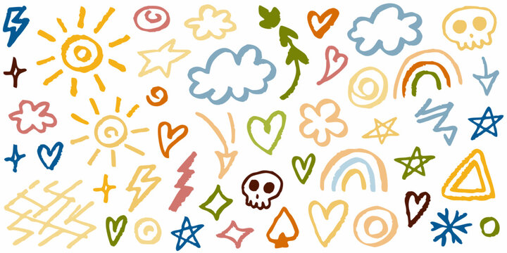 Colorful childlike doodles and sketches scattered across a white background