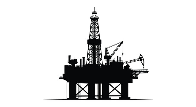 Black silhouette of an offshore oil rig against a white background silhouette