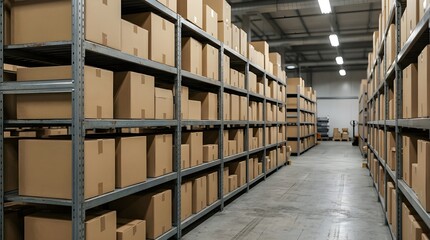 Obraz premium Industrial warehouse interior with rows of metal shelving, stacked high with numerous brown cardboard boxes. A vast storage facility for logistics, distribution, and inventory management.