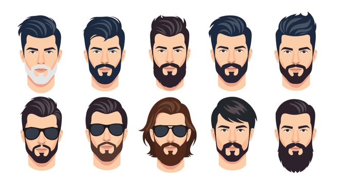 Modern men's portrait collection showing different beard styles, haircuts, and accessories like sunglasses for avatars.