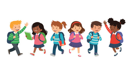 Fototapeta premium Diverse group of happy school children with backpacks running and waving while walking together on a white background.