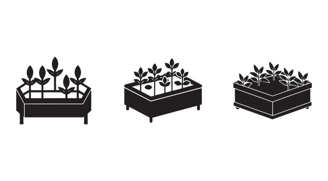 Black silhouette of three planters with plants growing in them on white background  planters with plants  gardening icons
