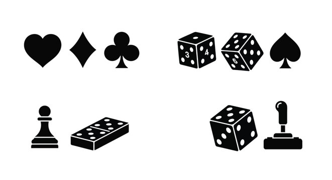 Black silhouettes of playing cards dice a pawn domino and joystick