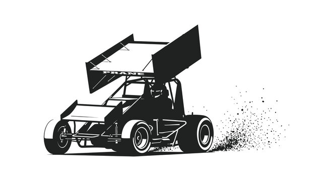 A black silhouette of a sprint car racing with dust dynamic action silhouette