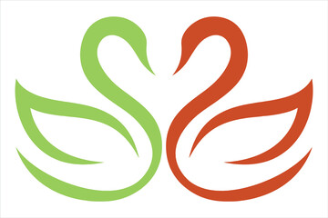 Fototapeta premium Minimalist swan logo vector, elegant green and orange bird silhouettes, stylized pair of swans for wedding or wellness branding