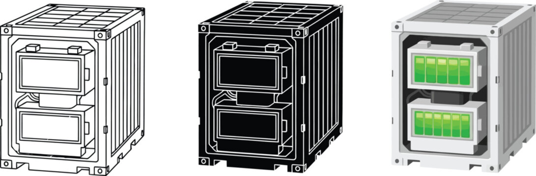 Collection of modular electronic components depicted in various styles including line art silhouette and realistic suitable for space technology and data processing illustrations