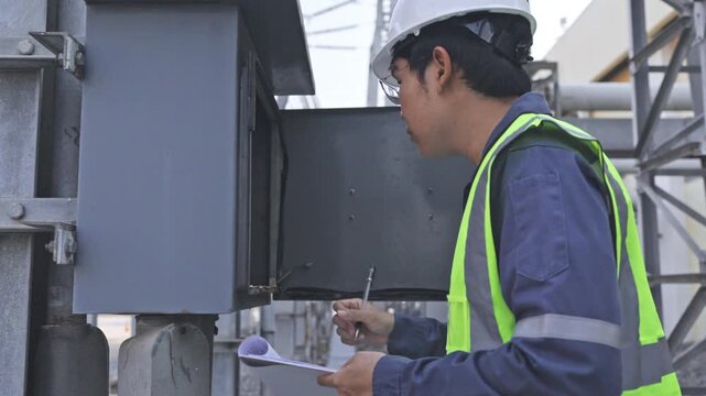 High voltage substation equipment and insulators at an electrical facility, showing power infrastructure for utility operations, preventive maintenance, safety checks, and grid reliability.