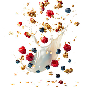 A splash of milk and cereal with raspberries and blueberries in mid-air isolated on white background,