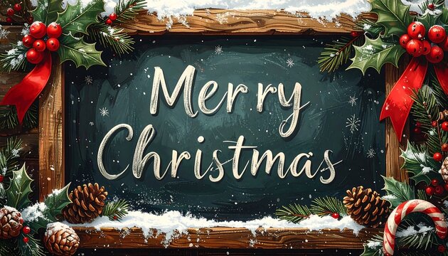Festive 'Merry Christmas' chalkboard with holly, berries, and snowy accents