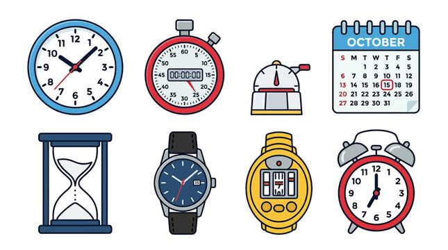 Time management icons including clocks, watches, calendar and timer for scheduling and organization