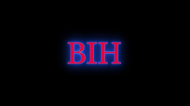 Red text BIH with blue neon glow effect on black background, looping motion footage