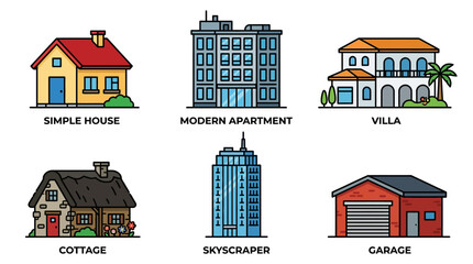 Naklejka premium Different types of houses and buildings illustrations set including simple house and modern apartment