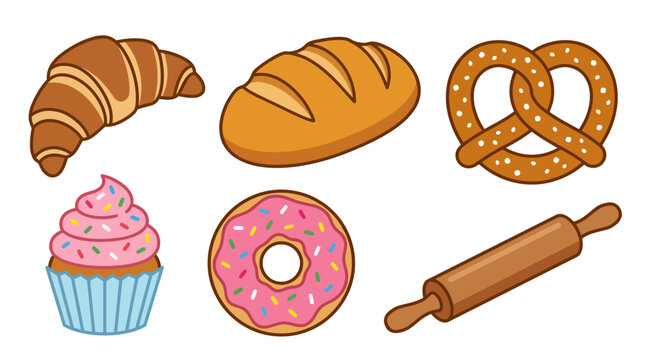 Cartoon baked goods assortment with croissant, bread, pretzel, cupcake, donut, and rolling pin