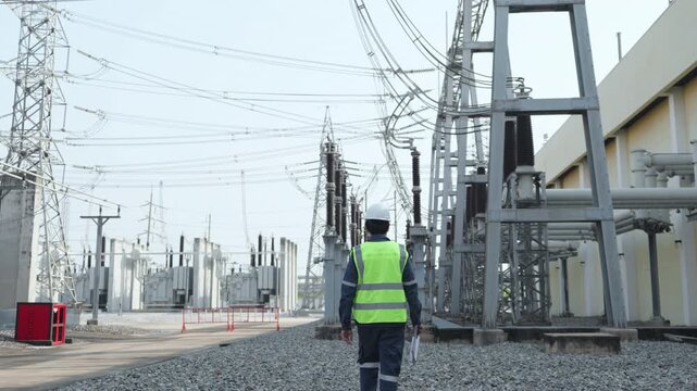 Engineer walking through a power substation yard with inspection documents, checking high voltage equipment to support preventive maintenance, field safety, and grid reliability.