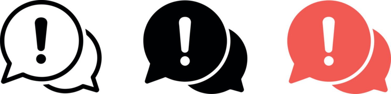 Exclamation mark chat icon, warning speech bubble sign, important message symbol for user interface alerts, notification design element, communication indicator graphic