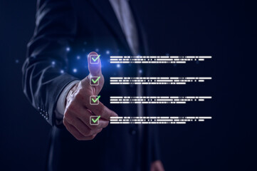 Obraz premium Businessman showing thumb up review electronic files, utilizing intelligent management system to validate records and streamline final approvals, Digital document workflow and quality assurance