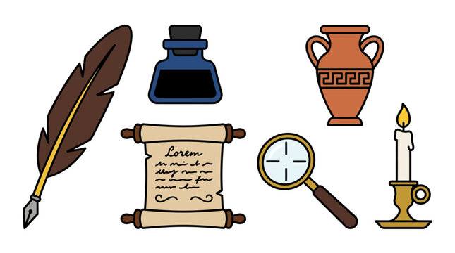 Vintage writing tools vector illustration set including feather quill and inkwell graphic design