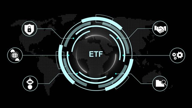Central circular hub labeled ETF connected by lines to surrounding hexagonal representing data analysis security and teamwork