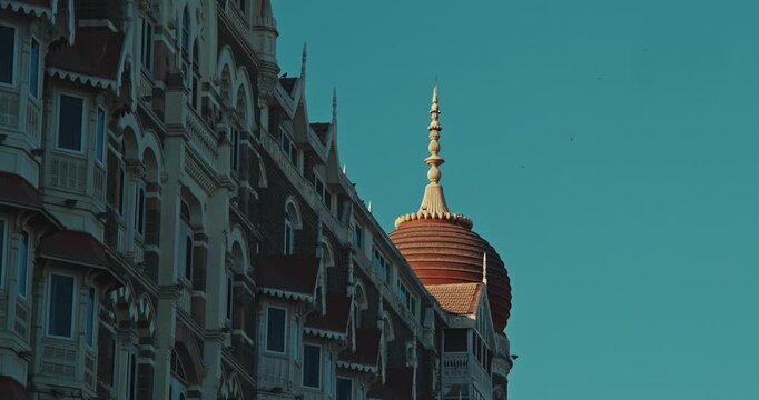 Mumbai, India. Close-up View On Taj Mahal Palace Is Heritage, Five-star, Luxury Hotel In Colaba Area Of Mumbai Situated Next To Gateway Of India. Finest Hotel In East. Blue Clear Sky In Sunny Day With
