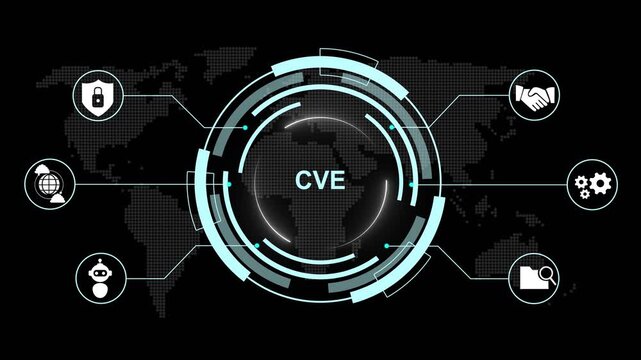 Central circular hub labeled CVE connected by lines to surrounding hexagonal representing data analysis security and teamwork