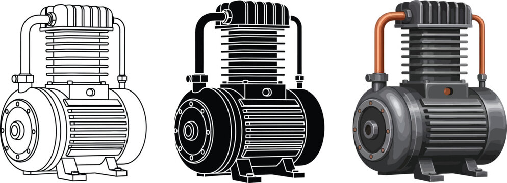 Set of air compressor vector illustrations featuring line art silhouette and detailed styles ideal for industrial engineering and mechanical design projects