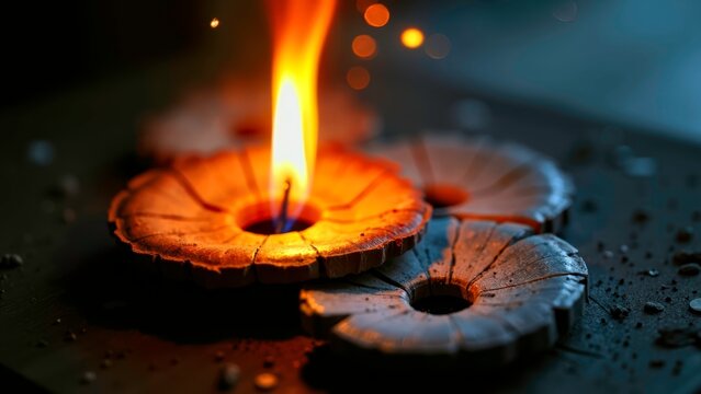 Wooden discs with fire burning