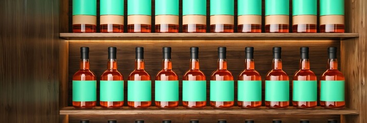 Naklejka premium Whisky bottles arranged on wooden shelf in bar cabinet display