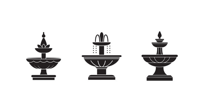 Blackandwhite illustration of three different fountain designs  decorative water features  architectural elements