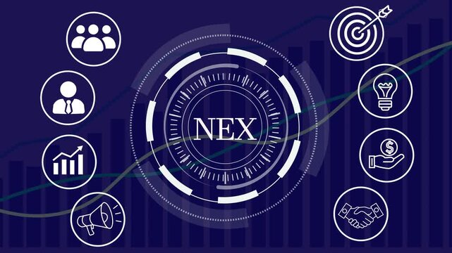 Digital network technology nexus connecting business icons with financial growth charts animation