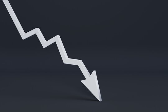 downward arrow white 3D render on dark background decline concept