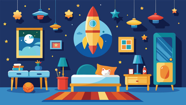 Children's room design with rocket theme and star decorations in a playful setting