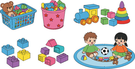 Fototapeta premium Set of Colorful Children's Toys, Including Building Blocks, Train, and Playful Kids with a Toy Basket on White Background