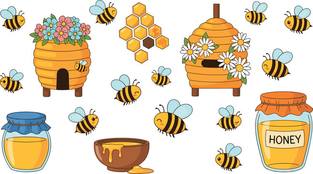 Cute honey bee elements set vector illustration featuring beehive flowers honey jar comb and flying bees isolated