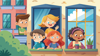 Fototapeta premium Children play and interact from open windows in a city neighborhood on a sunny day