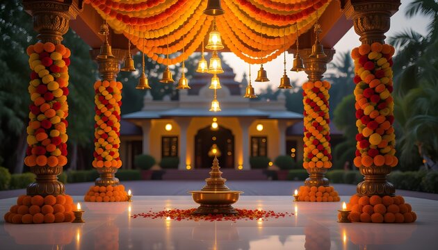 Kannada style indian wedding stage decoration with temple bells and flowers