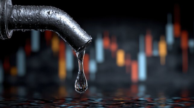 A dripping faucet with a water droplet about to fall, set against a blurred background with colorful light streaks.
