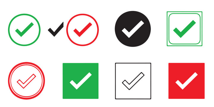 Check mark icon set vector illustration, green and red tick symbols for approval and task completion, minimalist checkbox icons isolated on white.