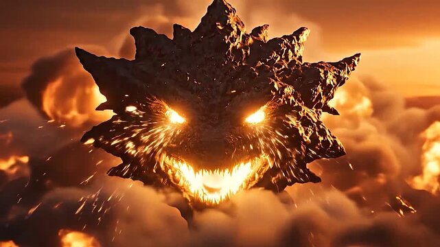 A fearsome mythical creature with glowing eyes emerges from fiery clouds