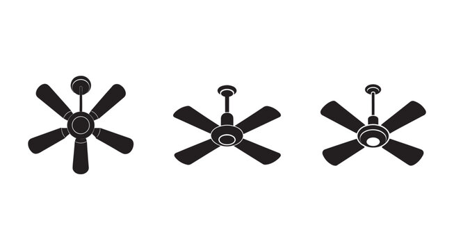 Ceiling fan silhouettes in different angles and positions  household appliance icons