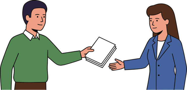 Man giving woman a book in office setting indoors