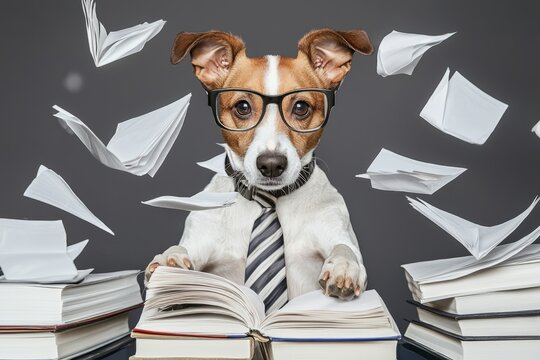 A studious-looking Jack Russell wearing glasses sits at a desk surrounded by flying papers, humorously capturing the chaos of studying with a playful twist on scholarly seriousness.