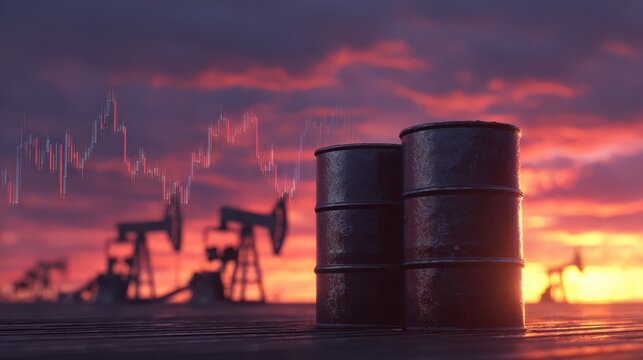 Oil barrels and pumpjacks at sunset with a financial chart overlay, symbolizing oil industry market trends.