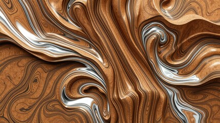 Obraz premium Abstract fluid shapes, bronze tones, silver highlights. Swirling patterns create dynamic texture, resembling molten metal or earth formations.