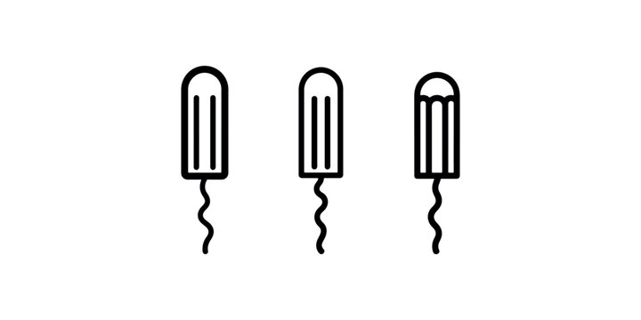Three simple line art icons of tampons with strings on white background representing feminine hygiene and menstrual care products