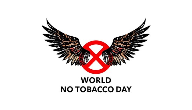 A logo for World No Tobacco Day featuring a red circle with a line through it and wings on a white background