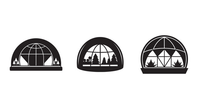 Dome shaped windows with mountain and tree silhouettes  glass roof with scenic views  architectural elements with natural landscapes