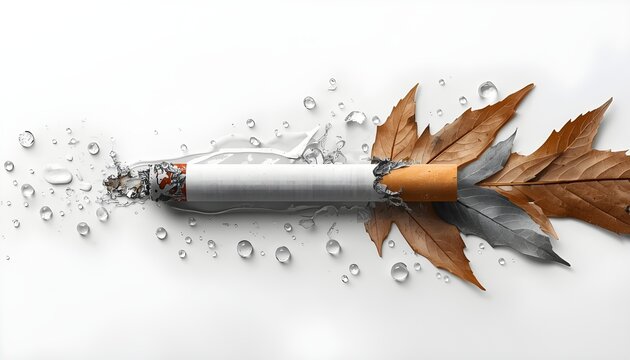 A creative image of a cigarette being extinguished by water and leaves on a white background